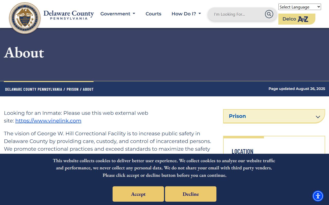Delaware County inmate search George W. Hill VINELink note