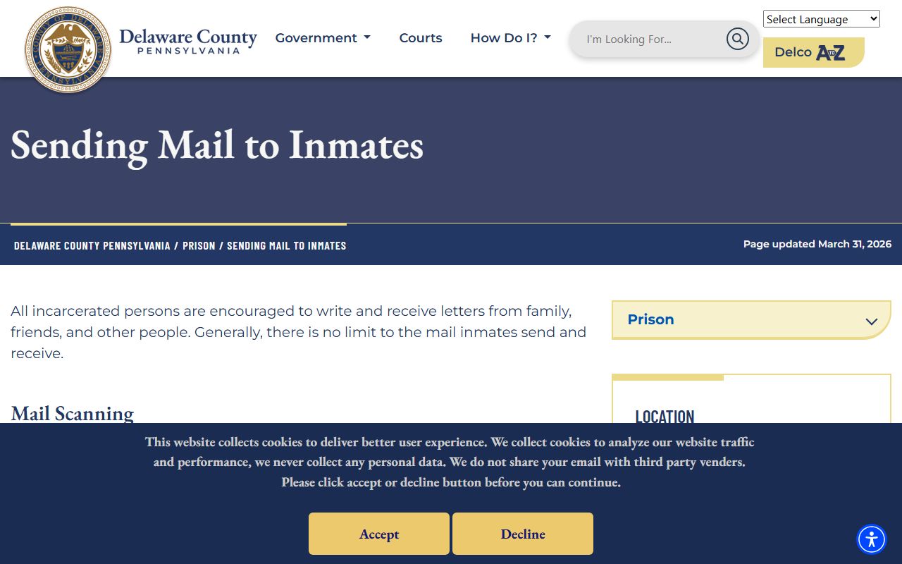 Delaware County inmate mail and tablet messaging instructions