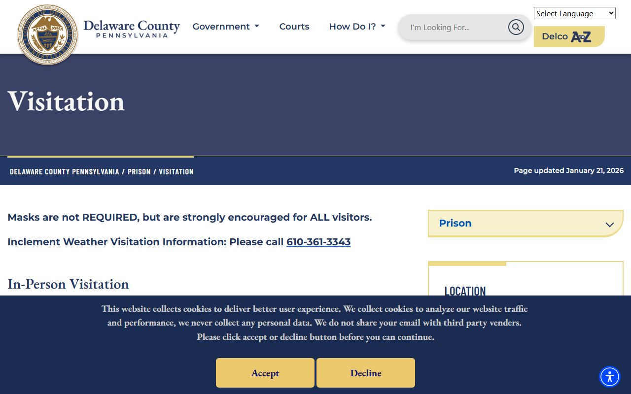 Delaware County inmate visitation schedule and GTL approval information
